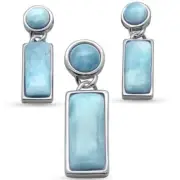 Natural Larimar bars set .925 Sterling Silver Pendant & Earring Set