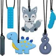 Chew Necklaces for Sensory Kids, 6 Pack Fox and Dinosaur Silicone Chewing Neckla