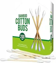 Cotton Buds Q Tips Bamboo Ear Swab Double Tipped Wool Swabs Baby Organic Eco Friendly Natural Biodegradable Disposable Sustainable for Make Up and Wound Cleaning Ears Wax Remover 200PC (9cm x 8.5cm)