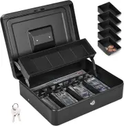 Cash Box Metal Money Box with Tray & Key Lock,Tiered Locking Cash Boxes,Durable