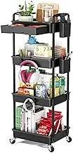 Storage Rack 4 Tier Rolling Utility Cart with Drawer,with Drawer & Extended Poles,with Plastic Shelf & Lockable Wheels Trolley on Wheels(Black)