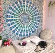 Mandala Indian Wall Hanging Hippie Bohemian Tapestry Bedspread Blue Peacock Art