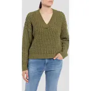 Replay Womens Cable Knitwear V-Neck Chenille Knit Jumper Cream