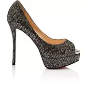NIB LOUBOUTIN FETISH 130 BLACK LACE SILVER GLITTER PEEP TOE PLATFORM PUMPS 38.5