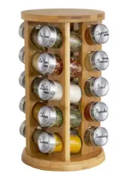 20 Jar Bamboo Spice Rack with Spices Included - Rotating Tower Organizer for Kit