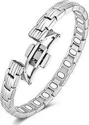 [Jecanori] 5X Strength Magnetic Bracelets for Women —Updated 5,000 Gauss Ellipse Magnets — Premium Butterfly Clasp & Adjustable Length,Silver