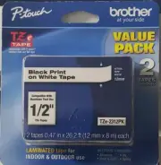 Brother P-touch Tze Standard Adhesive Laminated Tapes, 1/2"w, Black & White 2pk