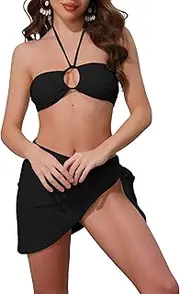 [Elerevyo] Women's Rope Circle Halter Ribbed Bikini Sets, 3 Piece Triangle Bottoms Side Tie Cover Up Swimwear Bathing Suits Black X-Large