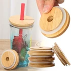 Storage Bottles Bamboo Wood Lids Wide Mouth Cup With Straw Hole Mason Jar Lid