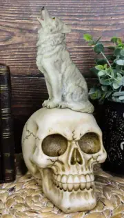 Gothic Full Moon Howling Gray Wolf Sitting On Graveyard Macabre Skull Figurine
