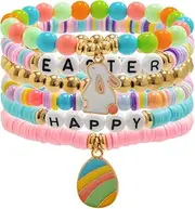 [SHGarden] Easter Bracelets Stackable Rainbow Clay Bead Bracelet Bulk Easter Heishi Bracelets Elastic Layering Friendship Bracelets Easter Bunny Egg Bracelets for Party SH0096