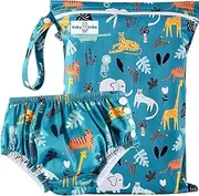 [Generic] Reusable Swim Nappy with BONUS Wet Bag SMALL 4.5-7kg (0-6mths/Size 000-00) Premium Cloth Baby Boy Swimming Diaper & Matching Wet Bag Set JUNGLE JAM_S