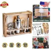11-Piece Professional Bartender Kit with Elegant Wooden Crate - Stainless Steel