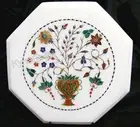 White Marble Coffee Table Top Gemstone Inlay Work Patio Side Table for Rooftop