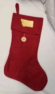 Holiday Stocking Montana State Shape On Red Canvas/ Burlap Type Fabric 17" New!