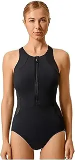 [BLEXX] Women's One Piece Swimsuit Front Zip Training Swimwear Built-in Cups Swimsuit Tummy Control Swimming Costume (Color : Noir01, Size : 28)