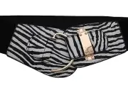 Women Black White Zebra Animal Print Elastic Waistband Belt Hook Buckle Fit L XL