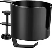 Table Cup Holder With Headphone Hanger - Adjustable Desk Clip-on Coffee Mug Holder - No Slip Tableside Holder for Water Cups (Black)