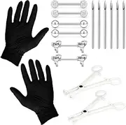 [Vsnnsns] Nipple Piercing Kit 14G Stainless Steel Nipple Piercing Jewelry Piercing Needles Piercing Clamp Straight Heart Shape Nipple Rings Tongue Ring Barbell Body Piercing Jewelry Tools Silver 16Pcs