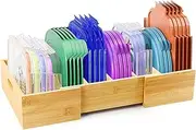 Expandable Bamboo Lid Organizers Inside Cabinet, Kitchen Cabinet Organizers with 3 Adjustable Dividers, Storage Plastic Lids, Food Container Lid Holder Organizer for Drawer Pantry