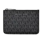 MK MICHAEL KORS JET SET 銀字LOGO滿版字母印花PVC 3卡拉鍊鑰匙零錢包(黑)