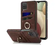 Full Protection Cover for Samsung Galaxy A12 5G, 2 Cards PU Leather Case with Ring Holder - Brown