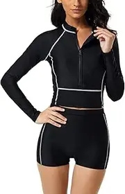 [Maeau] Surf Suit Women Athletic Swimwear Print Tankini Swimsuit Rash Guards Shirt Long Sleeve Bathing Suits Two Piece Sun Protection Beachwear Ladies Summer Swimming Costumes