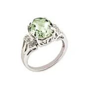 Sterling Silver RH-plated Oval Checker-Cut Green Quartz u0026 Diamond Gemstone Birthstone Ring Fine Jewelry Gift for Her