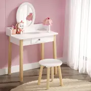 1 Set Keezi Kids Dressing Table Chair 2 in 1 Wooden Leg Vanity Makeup Drawer Mirror