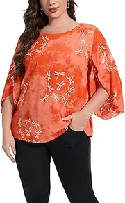 [Beautybatik] Women Plus Size Dressy Bali Hand Batik Blouse Tunic Top 3/4 Open Sleeves XL to 3X