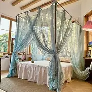 Retro Green Lace Flower Mosquito Net Oldshools Fashioned Style Bed Curtain Canopy for Girls Adults Women Queen King Cal King Size Bed (Green-Flower, Queen), OBMCN3139