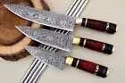 Professional Handmade_3 x Kitchen Chef Knife Set Damascus knives in LEATHER ROLL