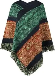 [Generic] Womens Pullover Cloak Coats Capes Tassel Batwing Sleeve Poncho Sweater Knitwear Loose Mantle for Spring Fall Winter Ladies(Green)