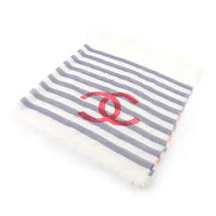 CHANEL Logo 紅藍條紋莫代爾棉及羊毛混絲圍巾/披肩(白色)