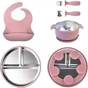 Stainless Steel Kids Plates and Bowls Set - Divided Kids Baby Plate Toddler Bowl with Fork Spoon Bib - Microwave-Safe Led Weaning Supplies Tableware for High Chair Travel Outdoor Indoor Table