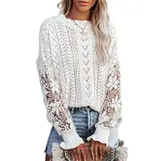 Nevenka Womens Lace Crochet Sweaters Casual Cable Knit Pullover-White