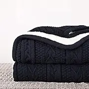 Longhui bedding Acrylic Cable Knit Sherpa Throw Blanket - Thick, Soft, Big, Cozy Navy Knitted Fleece Blankets for Couch, Sofa, Bed - Large 60 x 80 Inches Navy Blue Coverlet, 5.2 Pounds