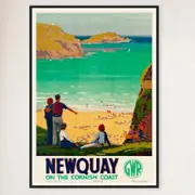 Galrie Newquay on the Cornish Coast Vintage Travel Poster Charm Décor, Black Frame, A3 30 x 42cm (12 x 16inch)