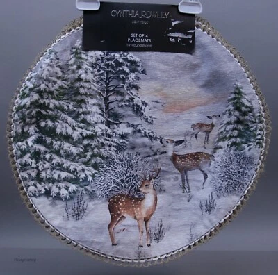 Cynthia Rowley Set of 4 Winter Reindeer Christmas Tree Placemats 15” Round NWT