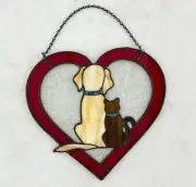 Handmade Stained Glass Dog and Cat Silhouette Heart Suncatcher - Cream,Brown,Red