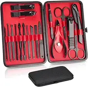 Manicure Set, 18pcs Nail Clippers Kit Portable Nail Trimming Set Grooming Tools for Men Women with Storage Travel Case (Black & Red)