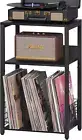 Black End Table, Small Side Table with Metal Frame,Modern Record Player Stand wi