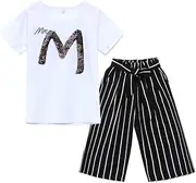[Generic] Girl 2t Girls Teen T-Shirt Sequin Pants Stripe Letter Outfits Kids Tops Short Sleeve Set Girls Outfits&Set Girls Size 7 Outfits White