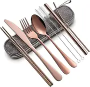 Portable Utensils Set,Reusable Travel Cutlery Set with Case Stainless Steel Flatware Set for Camping 8pcs Including Dinner Knife Fork Spoon Chopsticks Boba Straw (Rose gold)