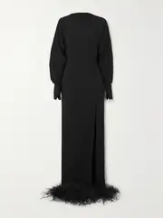 [16ARLINGTON] 16ARLINGTON - Flora Open-back Feather-trimmed Crepe Gown - Black - UK 14 UK 14 Black
