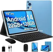 Android 14 Tablet 10 Inch Octa Core 22GB RAM 128GB ROM Expand To 1TB 8000mAh Battery HD Screen Keyboard Mouse Included Color Gray