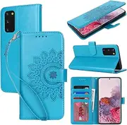 [Cavor] Wallet Case for Samsung Galaxy S20 5G 6.2'' PU Leather Case Magnetic 3D Embossed Flower Women Flip Kickstand with Card Holder Wristlet Hand Strap Protective Cover -Flower Sky Blue