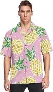 [GuoChe] Hawaiian Mens Cotton Short Sleeve Button Down Shirts Pink Yellow Pineapple Tropical Hawaiian Stylish Camisas Manga