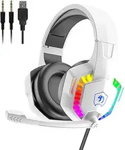 Wired Gaming Headset,Noise Cancelling Over Ear Headphones with Microphone for PS4 PC Xbox One PS5 Controller,Rainbow LED Backlit,Bass Surround,Soft Memory Earmuffs for Laptop Mac Games(White)