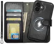 Case Wallet for iPhone 16 Wallet Case, Detachable Leather Cover with Card Holder, Strong Magnetic Compatible with MagSafe Wireless Charging, Kickstand Shockproof Cover 6.1 inch, Black